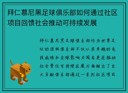 拜仁慕尼黑足球俱乐部如何通过社区项目回馈社会推动可持续发展